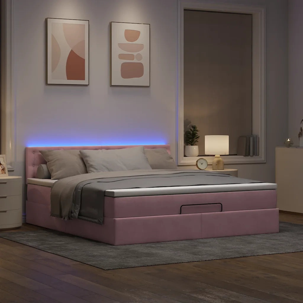 Pouf Letto con Materasso e LED Rosa 180x200cm in Velluto