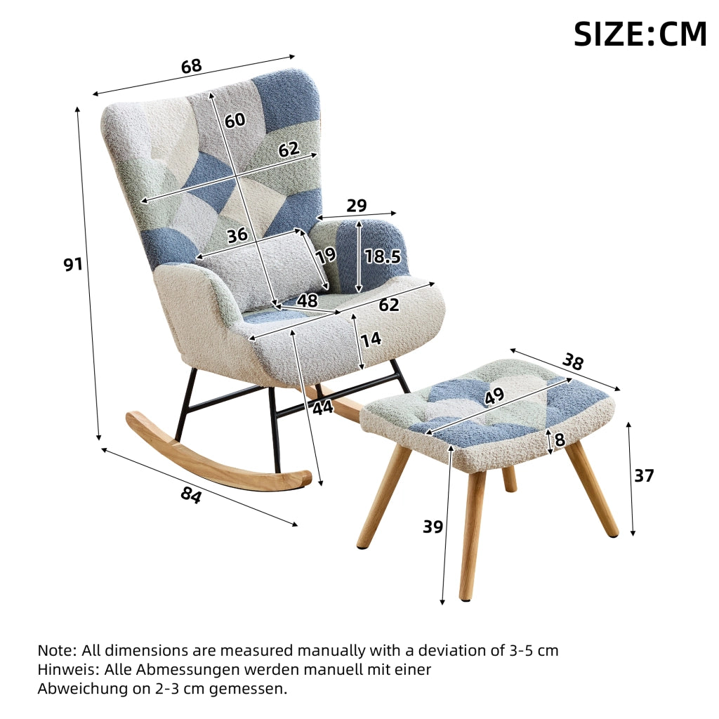Poltrona a dondolo con pouf e schienale rimovibile in tessuto con struttura in ferro beige e blu 122 × 68 × 91 cm
