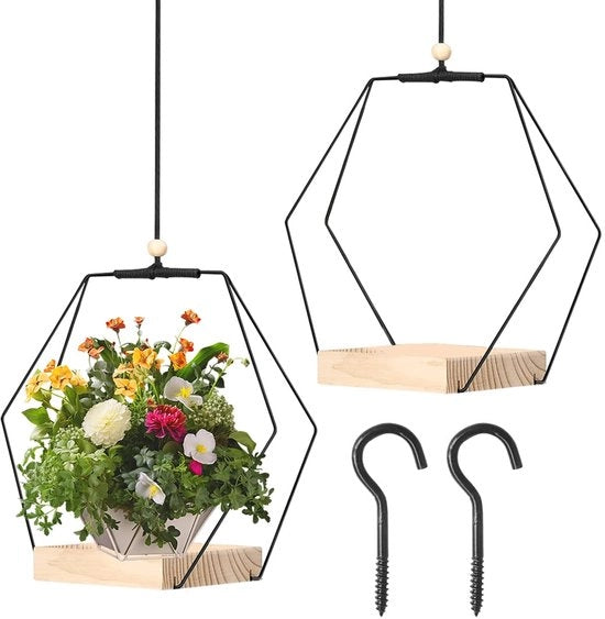 Kit da 2 pezzi di vasi da parete per interni, H93cm vaso da parete per piante con piede in legno, anello in metallo e attacco al soffitto, vassoio da parete per piante, vaso da parete moderno nero per muri e soffitti