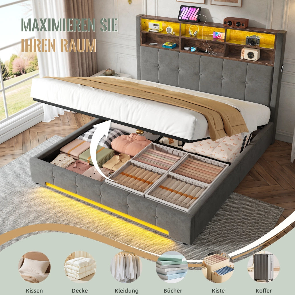 Letto contenitore 160x200 cm in velluto grigio scuro con LED e USB-C
