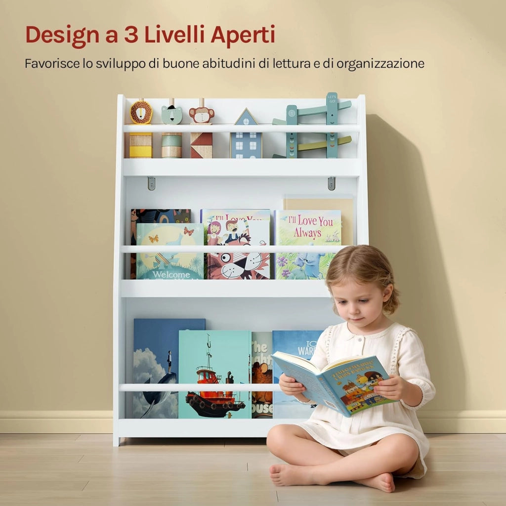 Libreria Montessoriana per Bambini, Scaffale Porta Libri e Giocattoli a 3 Ripiani, Organizzatore per Cameretta dei Bimbi, in MDF e Legno di Pino, Bianco