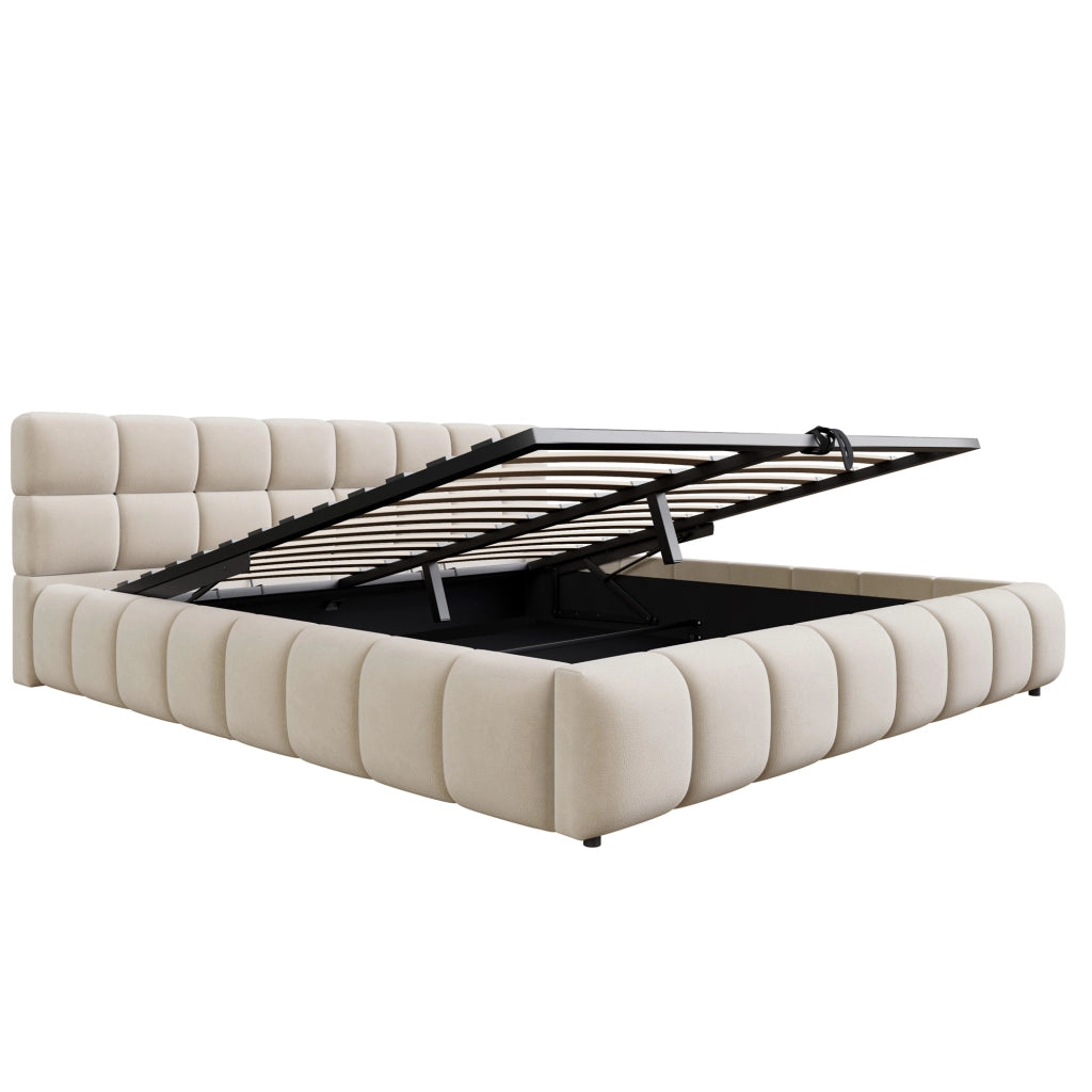 Letto imbottito 180x200 cm in velluto beige con LED e contenitore idraulico