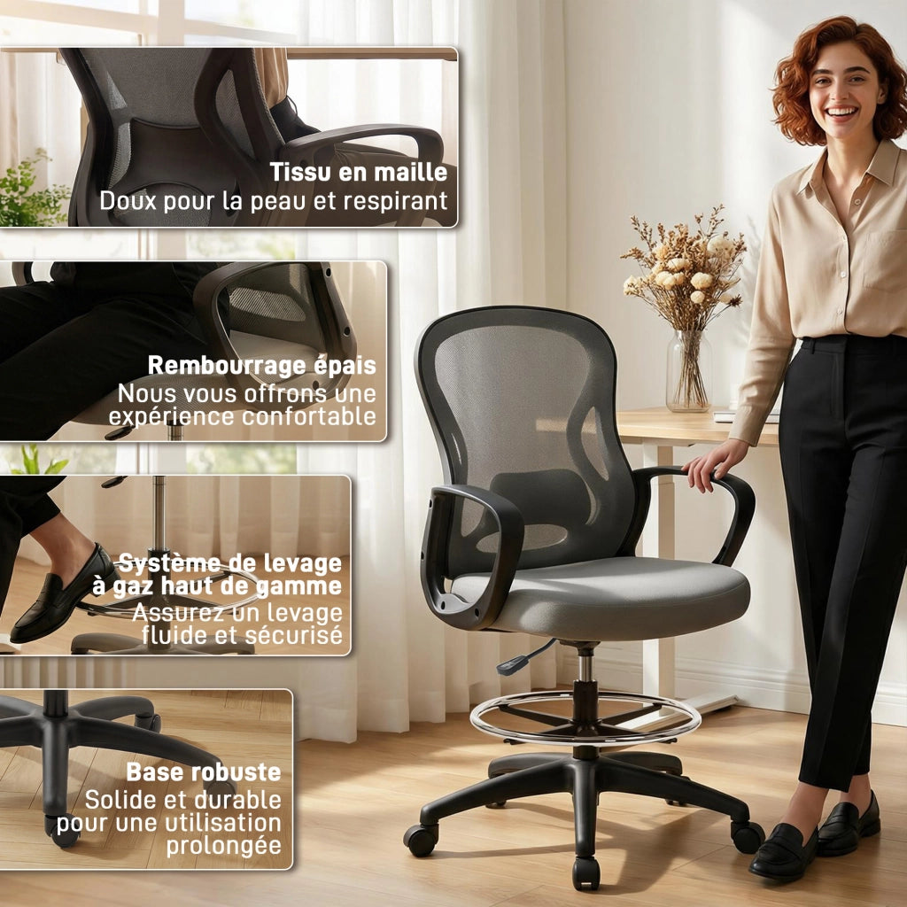 Poltrona ergonomica da ufficio con poggiapiedi e braccioli ¨C zephmum ¨C Grigio, rete, 59x65x123 cm