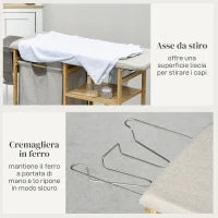 Cestino Portabiancheria in Bambù e Poliestere con Asse da Stiro e Ripiano a 3 Livelli, 113x34x82 cm