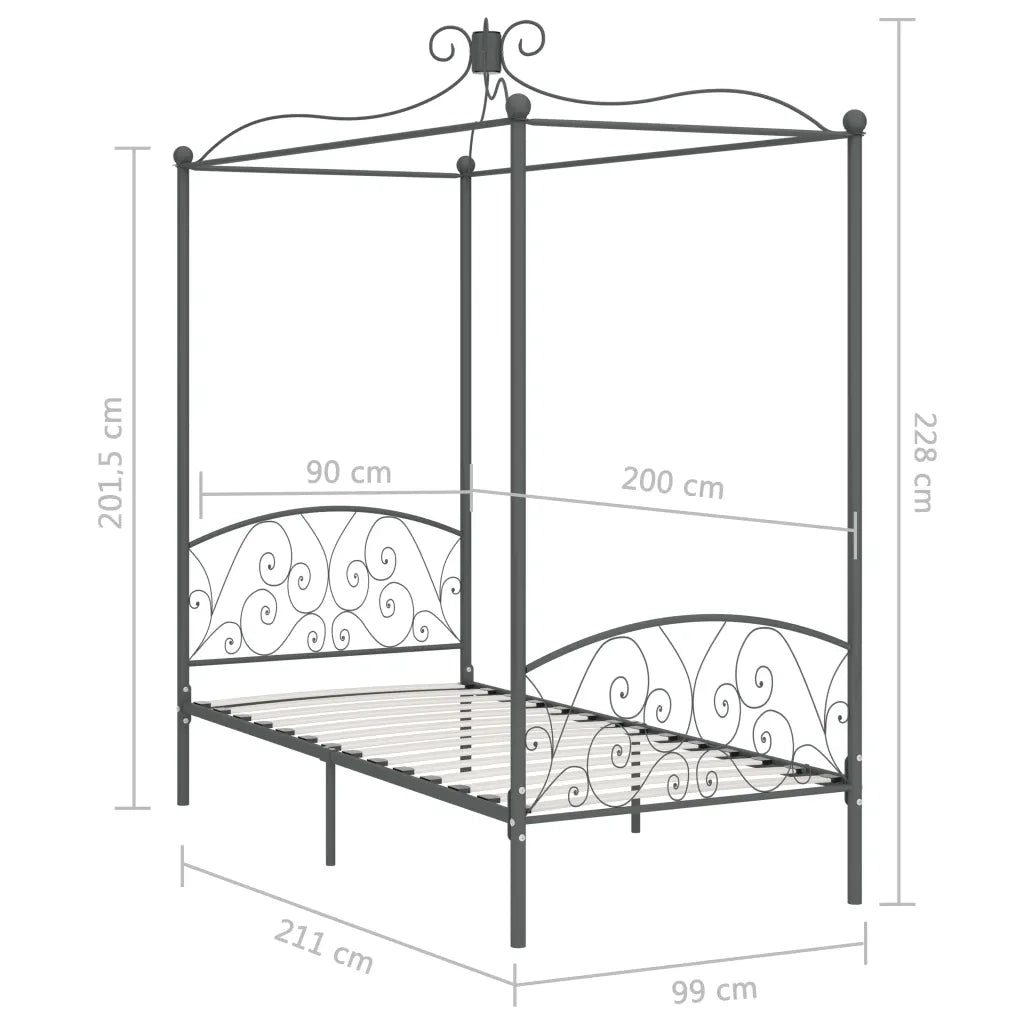 Letto a Baldacchino Grigio in Metallo 90x200 cm