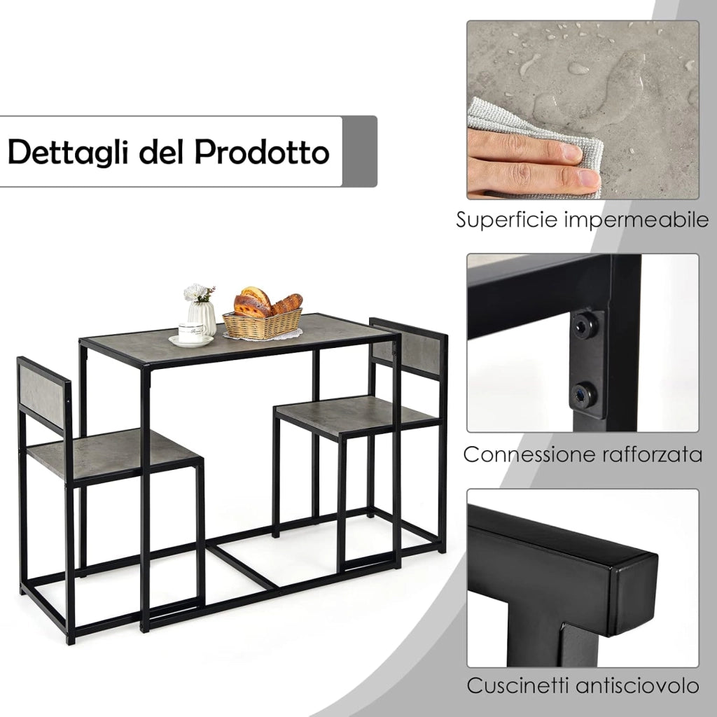 3 Pezzi Set Mobili da Pranzo, con Tavolo e 2 Sedie da Cucina, Struttura di Metallo e Legno, Rustico Elegante (Nero + Grigio)