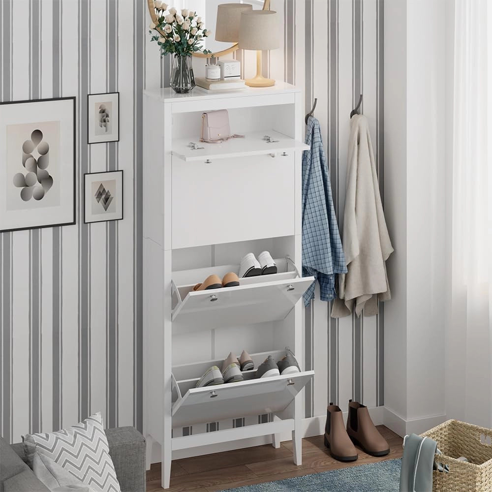 Armadio per scarpe Aron, Bianco, 60 x 153 cm, 3 scomparti, per la conservazione delle scarpe e combinabile con altri moduli