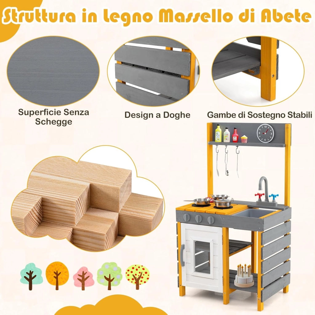 Cucina Giocattolo in Legno, Cucina per Bambini all'Aperto con Fornelli, Lavabo Rimovibile, Rubinetto, Forno, Ganci Appesi e Mensole Portaoggetti, Set di Gioco in Legno per Bambini 3+ Anni