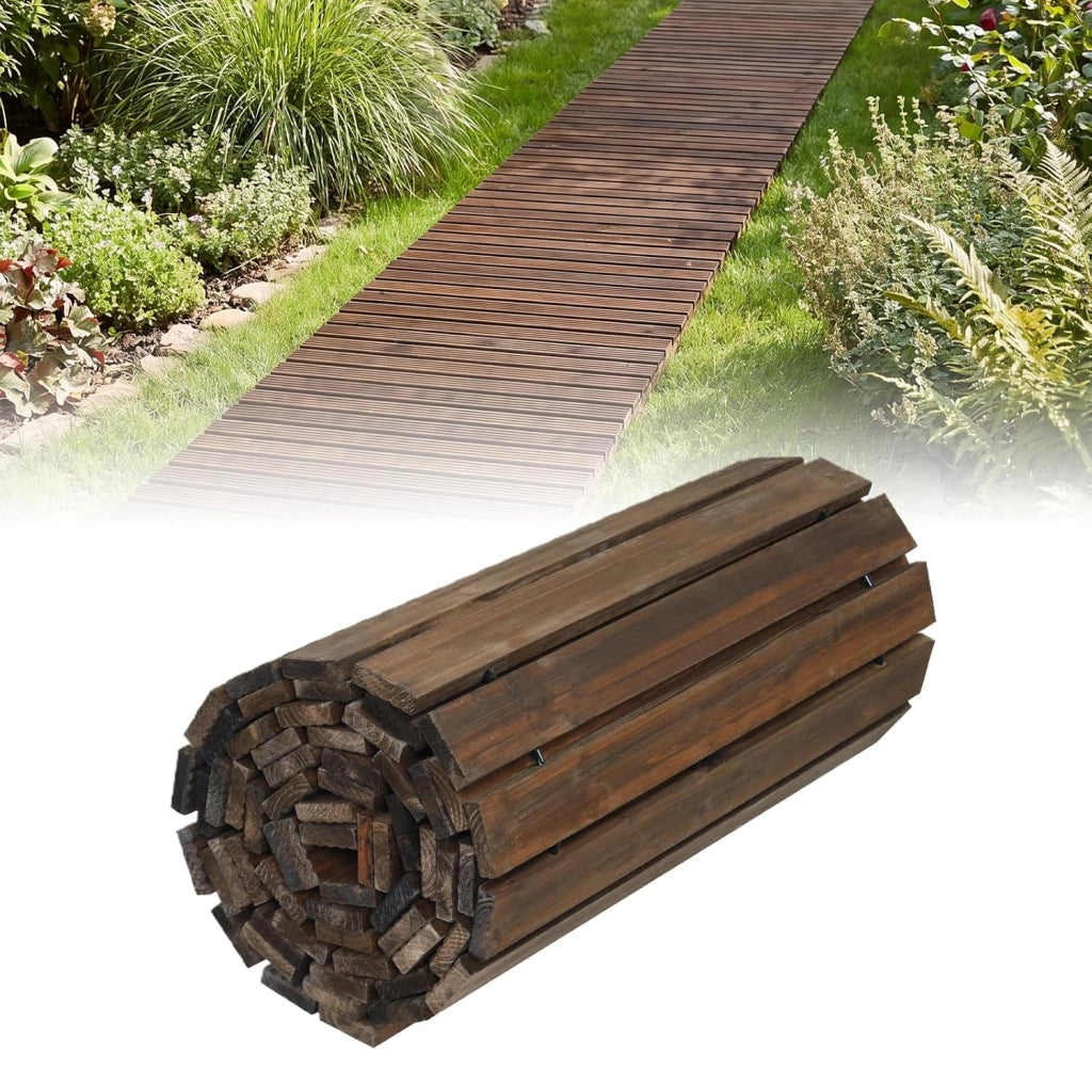 Sentiero da Giardino in Legno, Passerella Decorativa da Esterno, Superficie Antiscivolo, Collegamento con Fili Metallici, Sentiero Arrotolabile per Cortile e Spiaggia, 367 x 55 cm (Marrone)