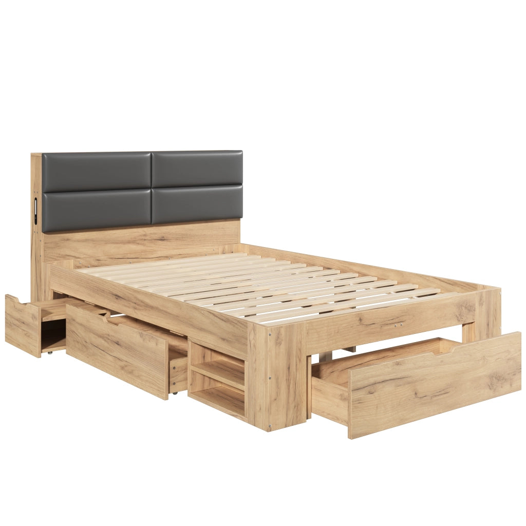 Letto contenitore 140x200 con luce USB USB-C e testiera imbottita in PU MDF naturale