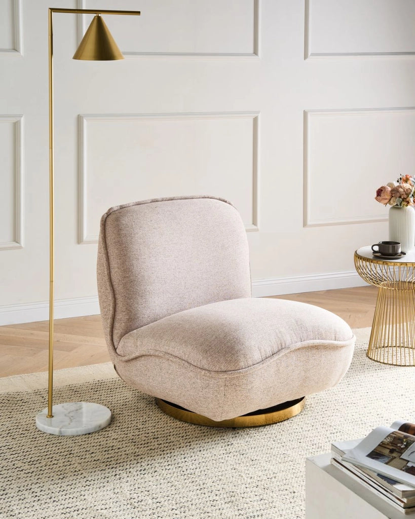Poltrona Beige Dorato Rivestimento in tessuto Base in acciaio Girevole Senza braccioli Seduta spessa Soggiorno Camera da letto