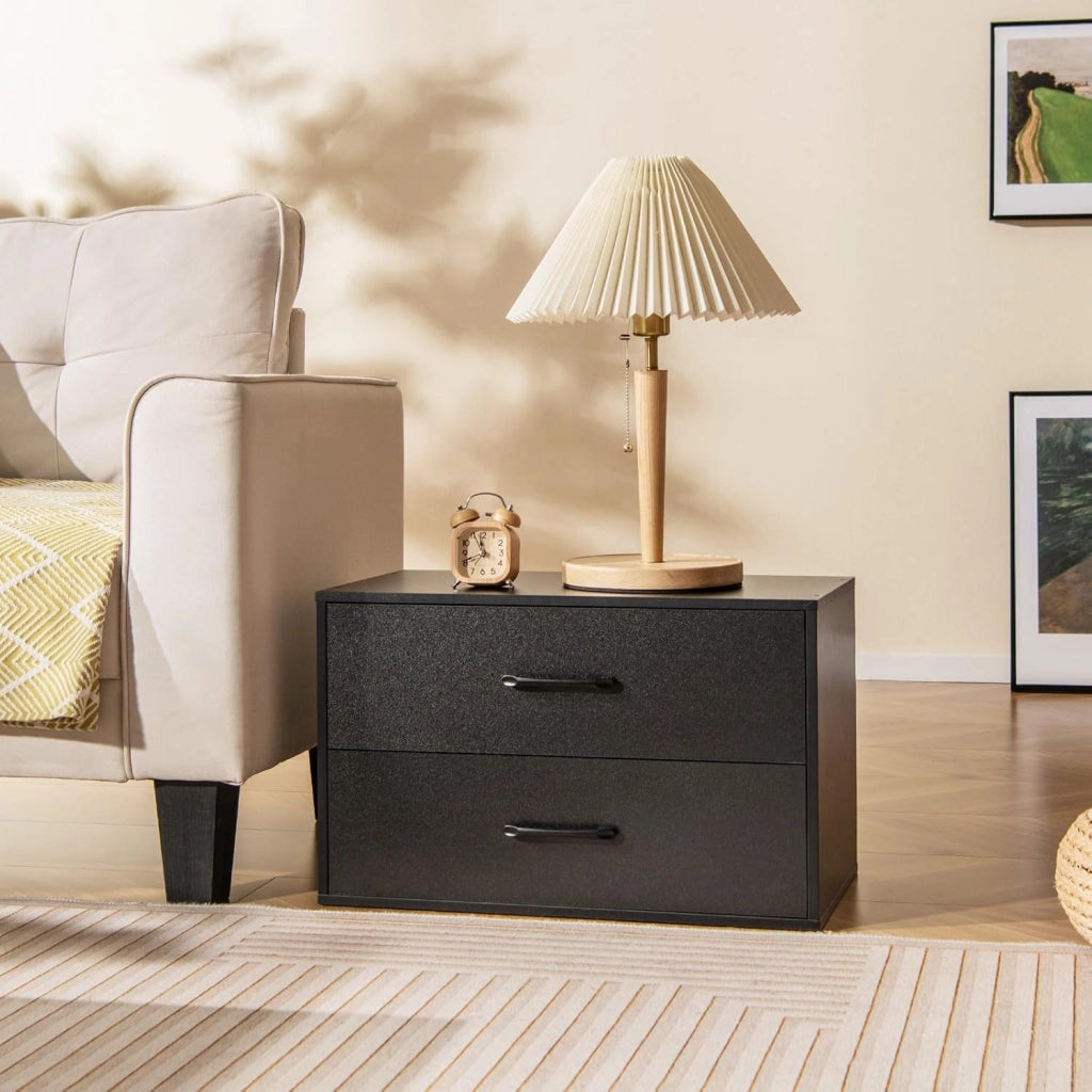 Cassettiera con 2 cassetti, dispositivo antiribaltamento, piccolo mobile in legno, per camera da letto, soggiorno, ufficio, comodino, 60 x 34 x 38 cm (nero)