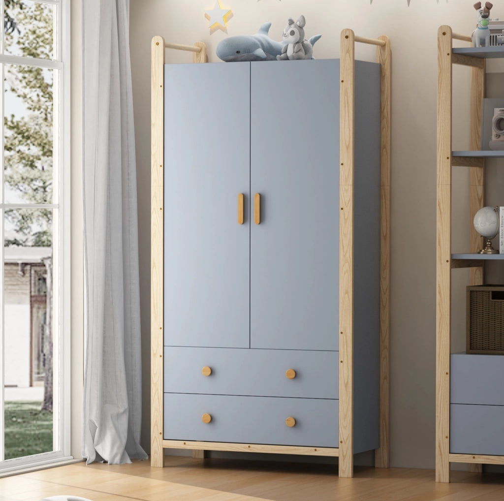 Armadio 90x45x180 cm blu; pannello truciolare con 2 ante e 2 cassetti