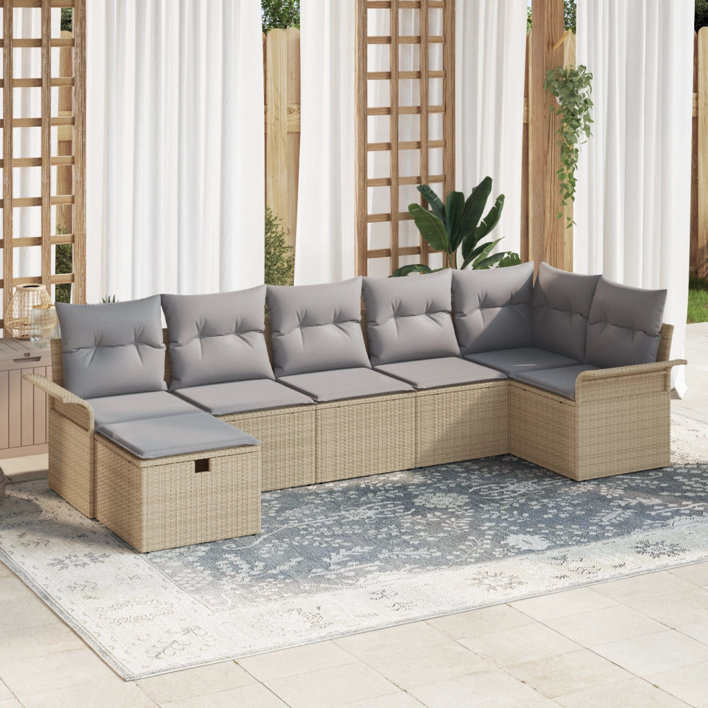 Set di divano da giardino con 7 pezzi e cuscini beige in poli rattan