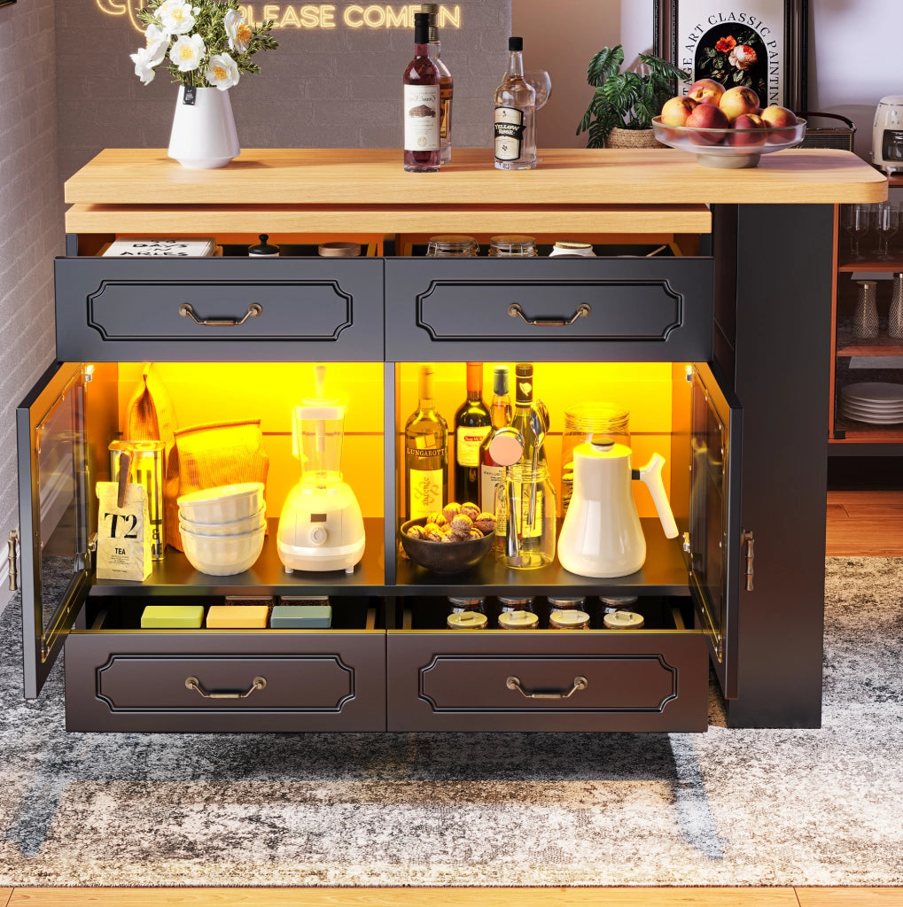 Tavolo bar estensibile girevole con LED e 4 cassetti