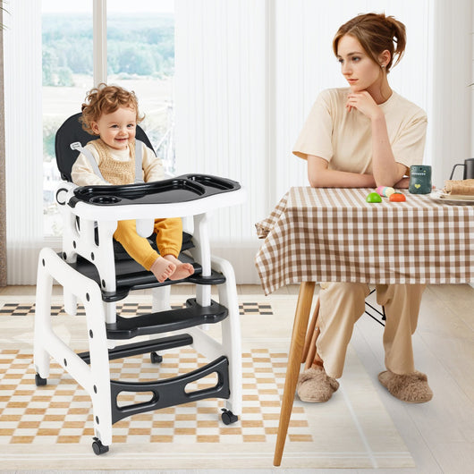 Seggiolone per bambini con vassoio rimovibile a 4 posizioni cuscino per seduta, Sedia da pappa convertibile Nero-Seggioloni