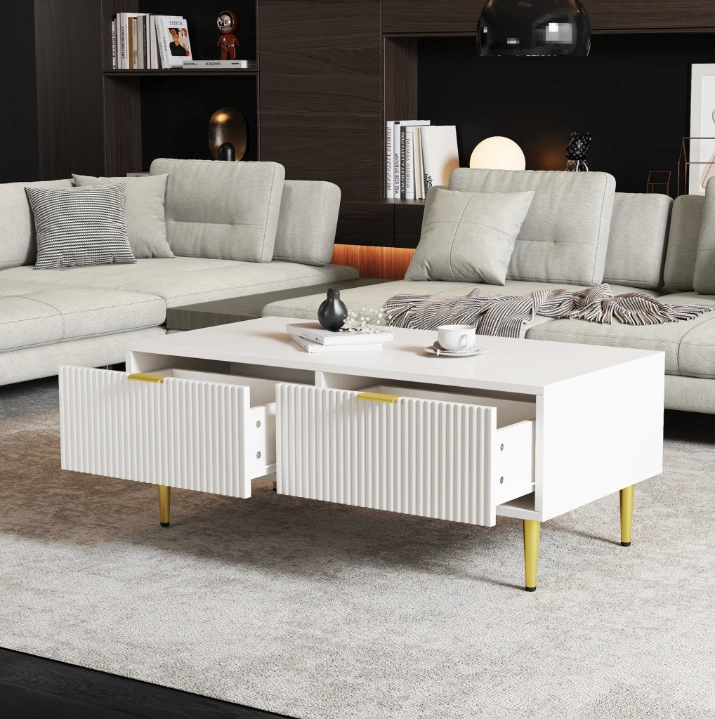 Tavolino da caff¨¨ 100x50x40 cm con 2 cassetti in MDF bianco e oro