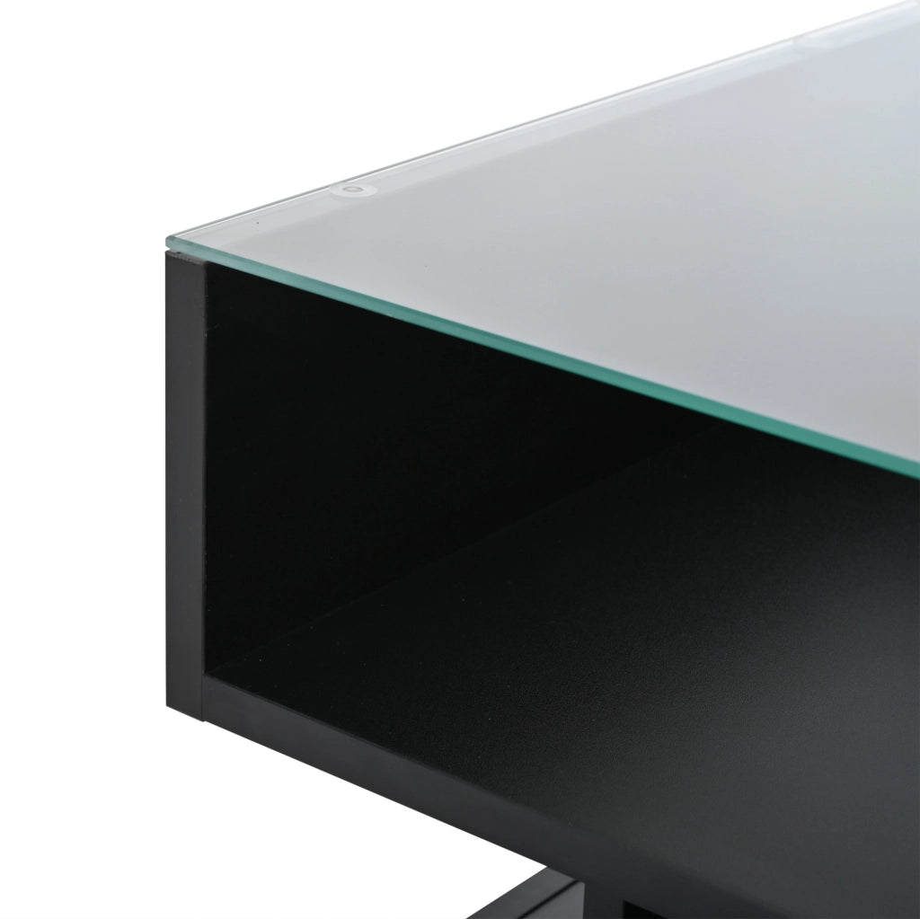 Tavolino da salotto nero 80x80 cm con piano elevabile, LED e 2 cassetti