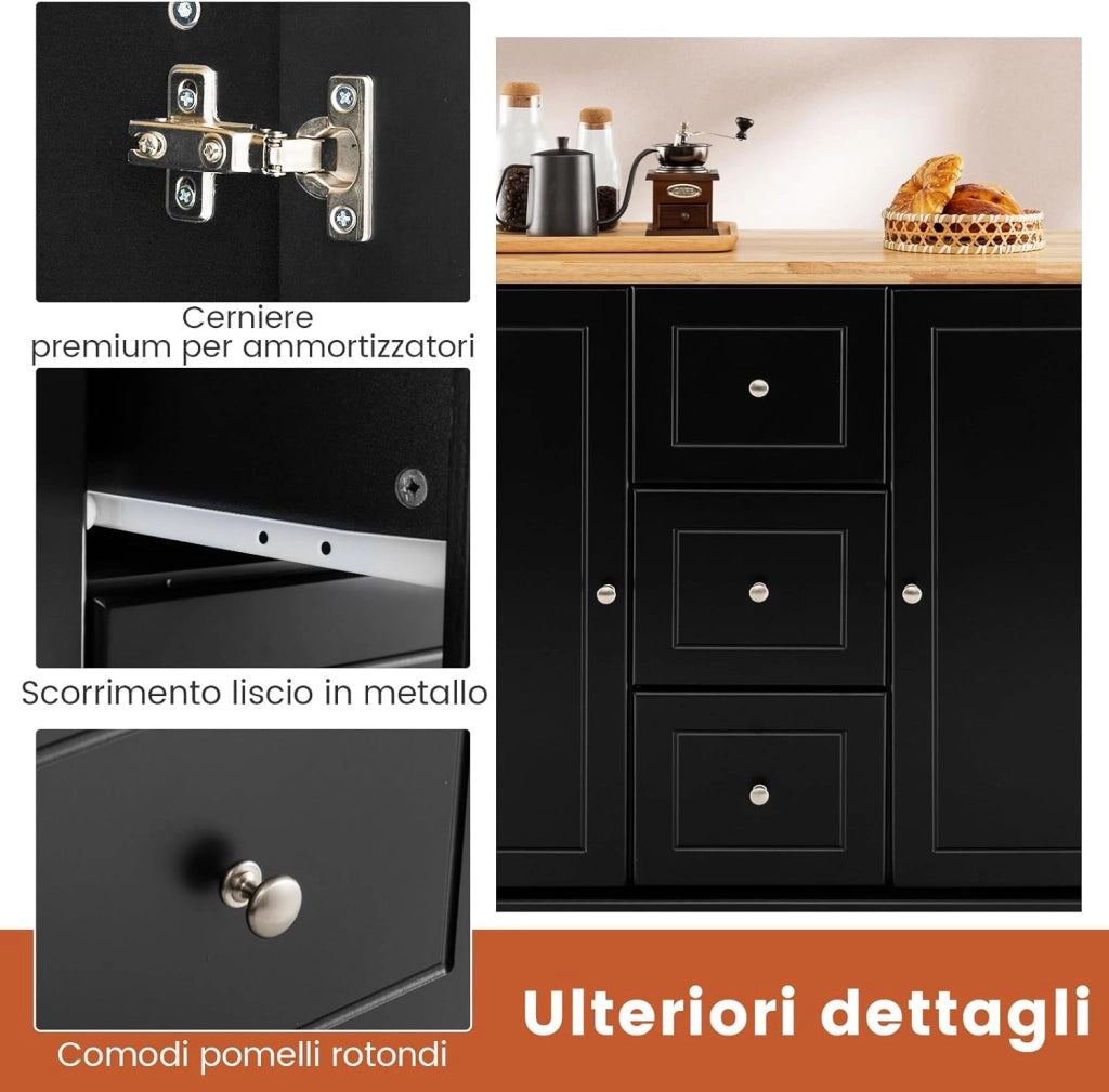 Carrello da Cucina Con Rotelle Nascoste, Isola in Legno Con 3 Cassetti e 2 Armadietti, Credenza Con Barra Laterale per Asciugamani e Portaspezie, 127x46x91,5cm (Nero)