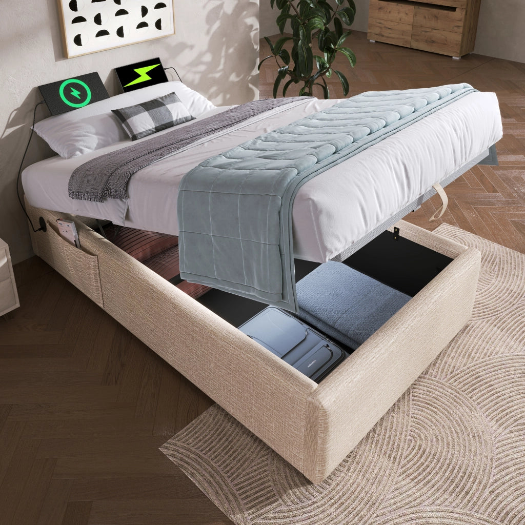LETTO contenitore 90x200 cm in lino beige/naturale con USB/Type-C, senza testiera