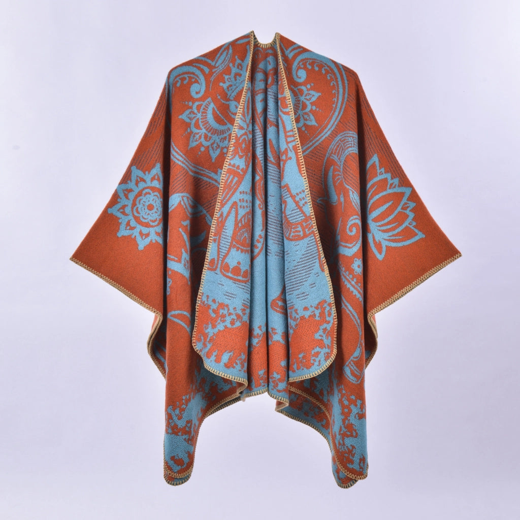 Mantella/scialle da donna vintage con motivo a elefanti e fiori di loto