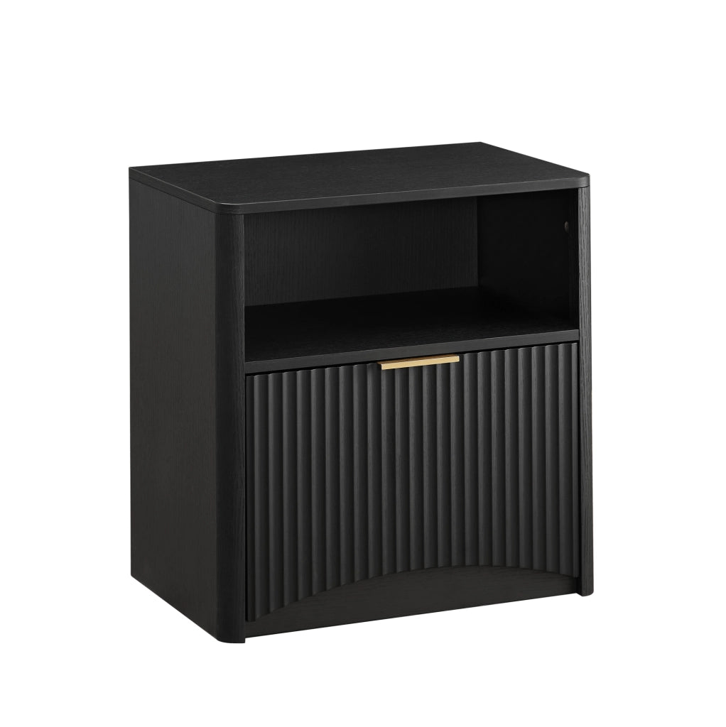 Comodino nero scanalato con cassetto e vano portaoggetti