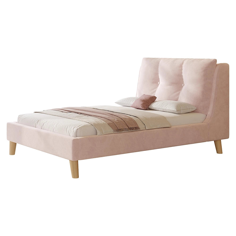 Letto imbottito-Xylo-90x200cm testiera velluto piedi legno massiccio rosa