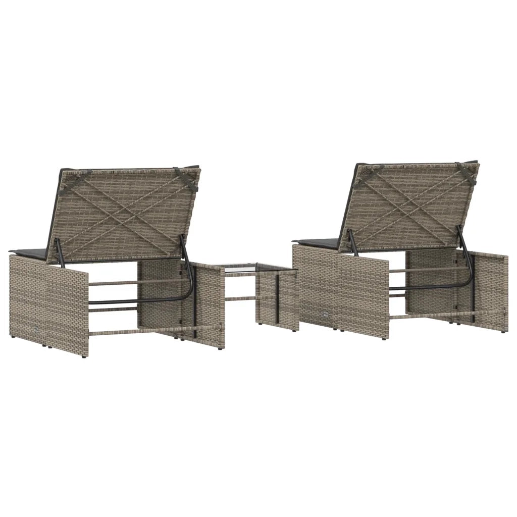 Lettini Prendisole 2 pz | Sdraio da giardino | Lettino da sole con tavolo grigio in polyrattan