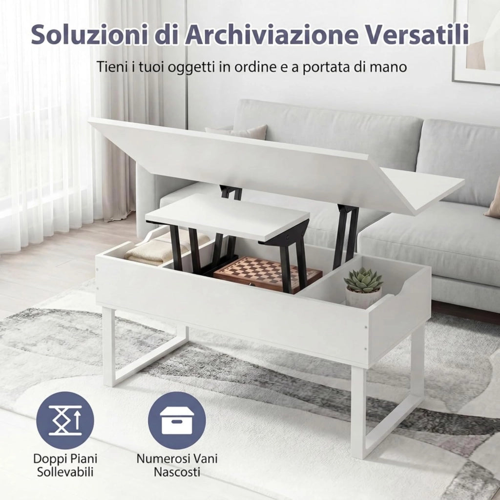 Tavolino da Caffè 3 in 1 con Piano Sollevabile, Tavolo Ausiliario Estensibile con Scomparti Nascosti, Gambe in Metallo, Tavolino Multifunzionale in Legno per Soggiorno e Sala da Pranzo (Bianco)
