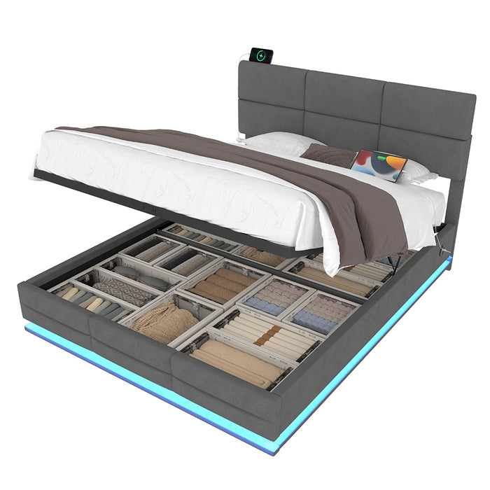 Letto 180x200cm imbottito - Xylo - velluto grigio USB idraulico LED