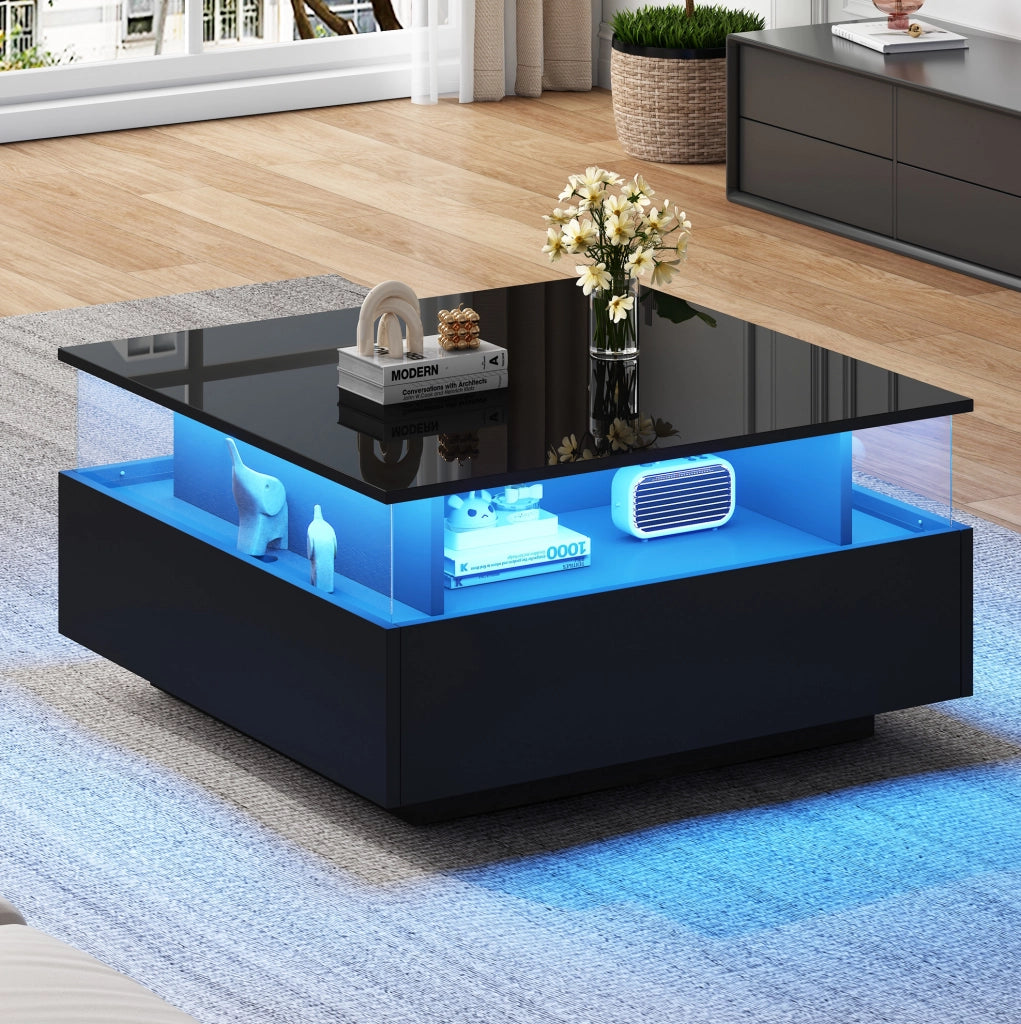Tavolino da salotto moderno 70x70x41 cm nero in truciolare con LED; 2 cassetti e vano trasparente