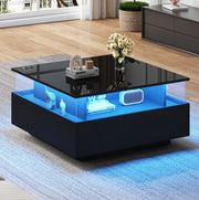 Tavolino da salotto moderno 70x70x41 cm nero in truciolare con LED; 2 cassetti e vano trasparente