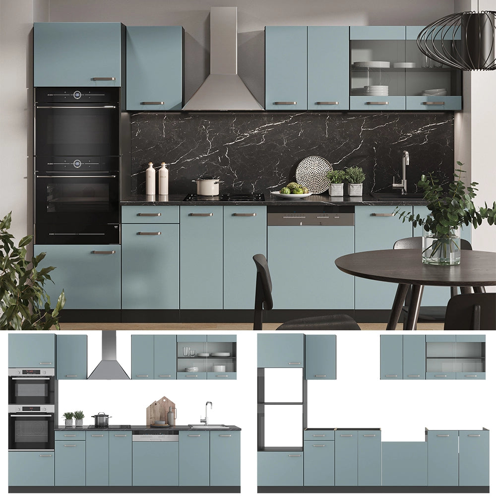 Vicco Cucina componibile Blu-grigio/antracite 300 cm con armadio alto, PL Rovere