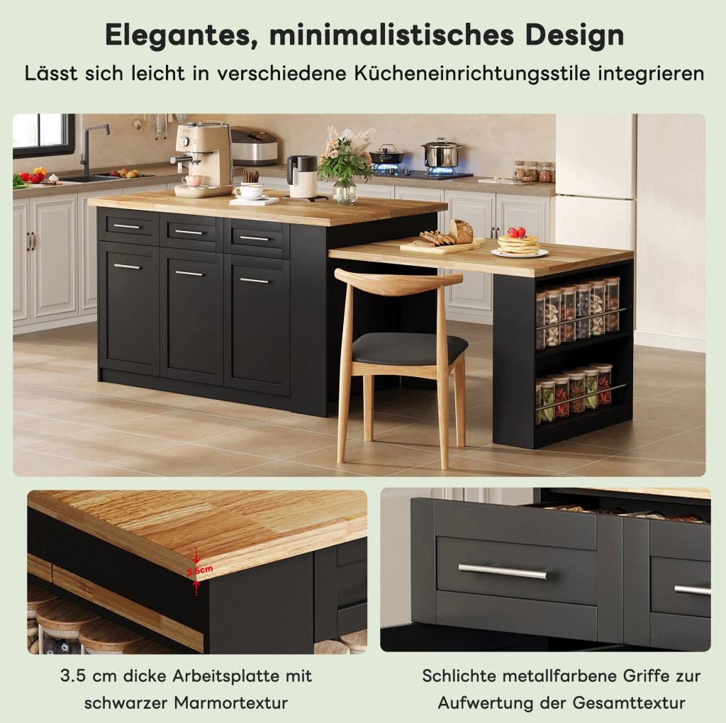Isola cucina moderna 150x90x90 cm con tavolo estraibile; MDF naturale e nero