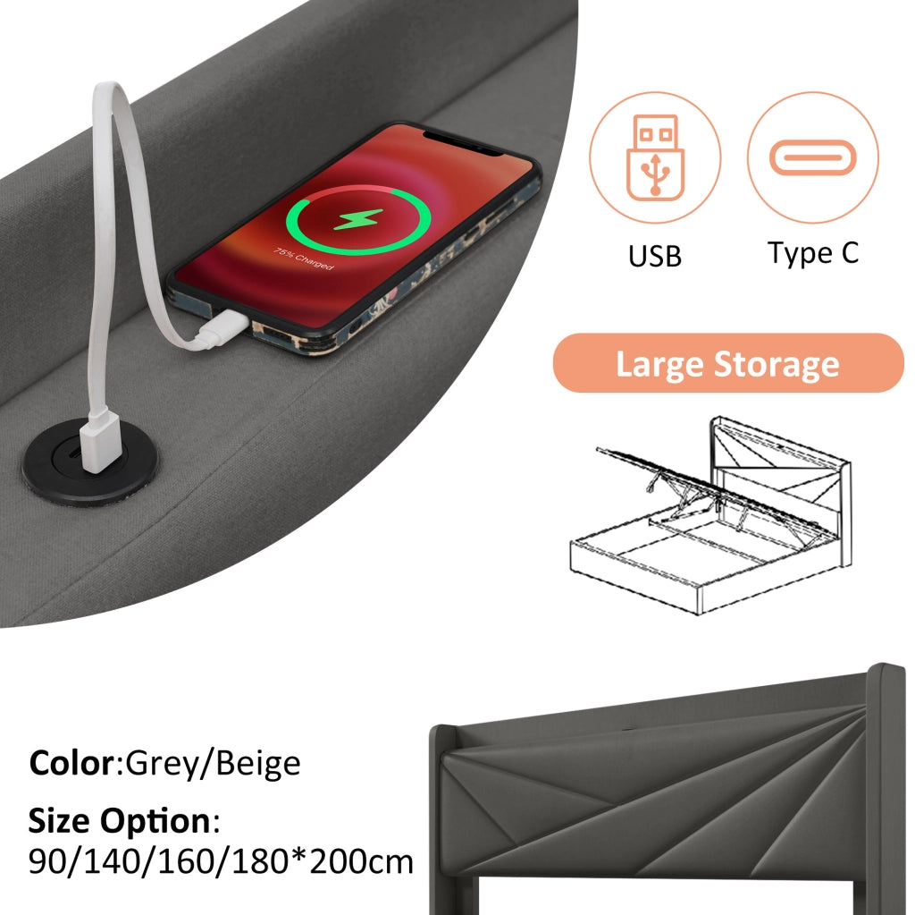Letto singolo contenitore 90x200 cm con USB e Type-C; testiera imbottita; grigio