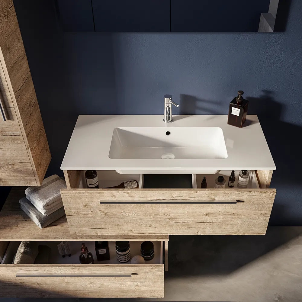 Mobile bagno sospeso modulare 100cm due cassetti rovere naturale con lavabo e specchio | Aoki