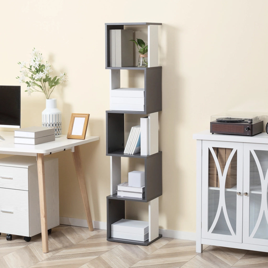 Libreria Moderna Salvaspazio a 5 Ripiani in Legno, 33x28x161cm, Grigio e Bianco
