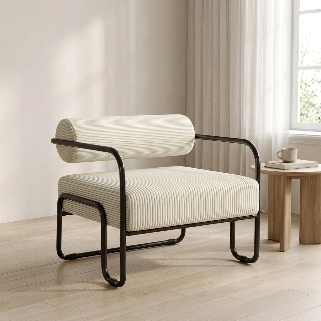 Poltrona lounge - con schienale cilindrico e struttura stabile - in velluto a coste - beige