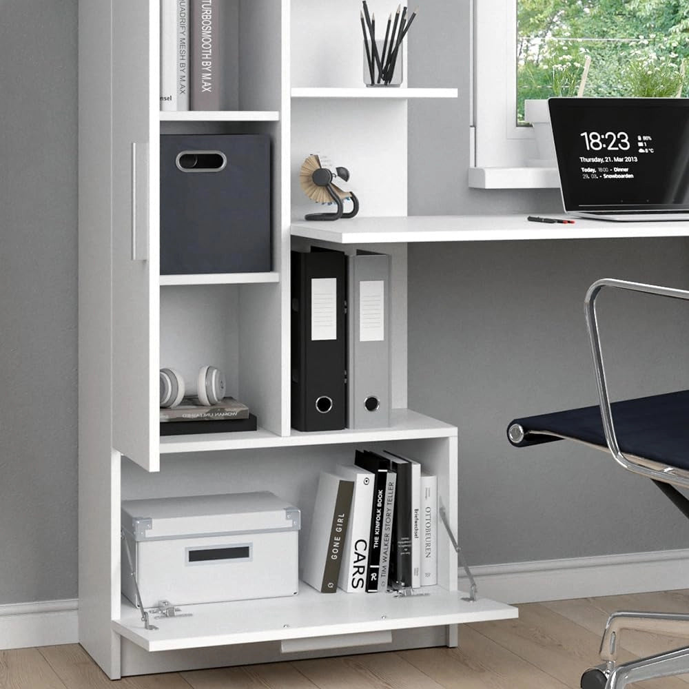 Scrivania con ripiani Tomy, Bianco, 150 x 59 cm, con ripiani aperti per una conservazione organizzata