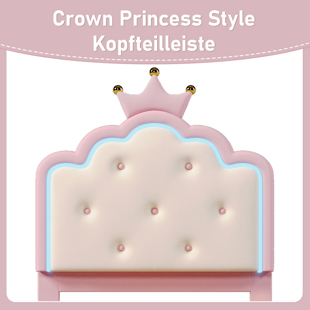 Letto imbottito principessa - Xylo - 90x200 cm - Rosa - Luci ambientali telecomando