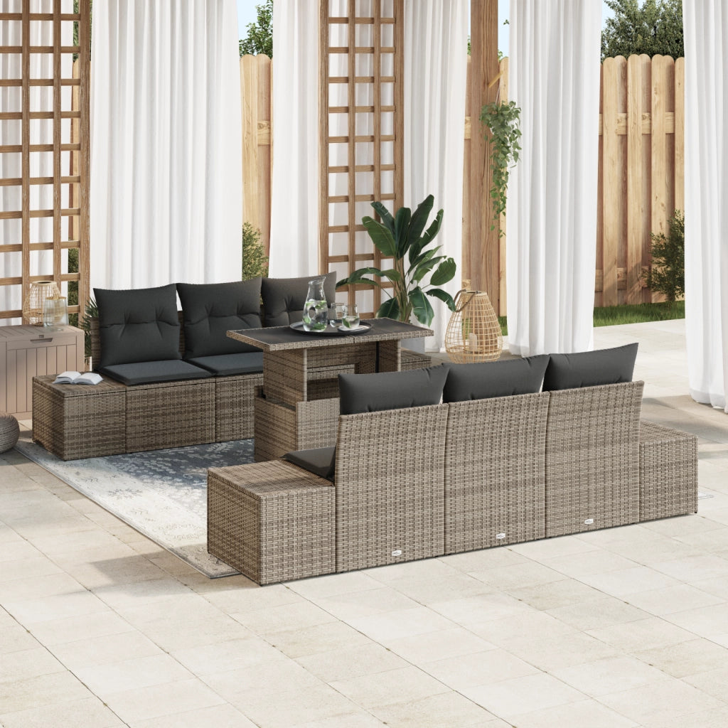 Set Divano da Giardino 7 Pezzi con Cuscini Grigio Rattan Polimerico