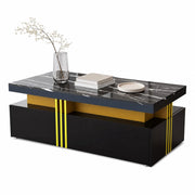 Tavolino da caffè rettangolare con 2 cassetti; piano lucido effetto marmo; lati in metallo oro; nero; 100 × 50 × 40 cm