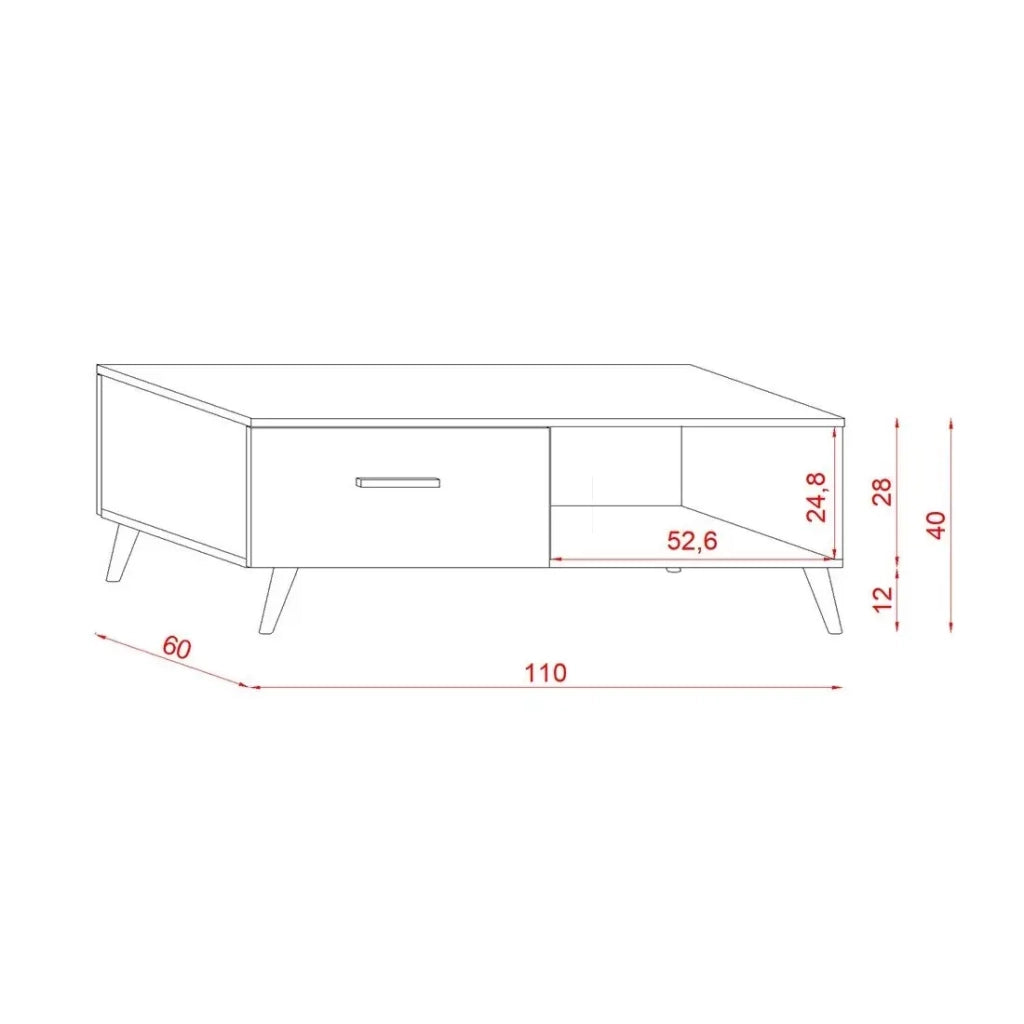 Table bassa EDEN 110 cm – 1 cassetto e 1 nicchia – Bianco e grigio