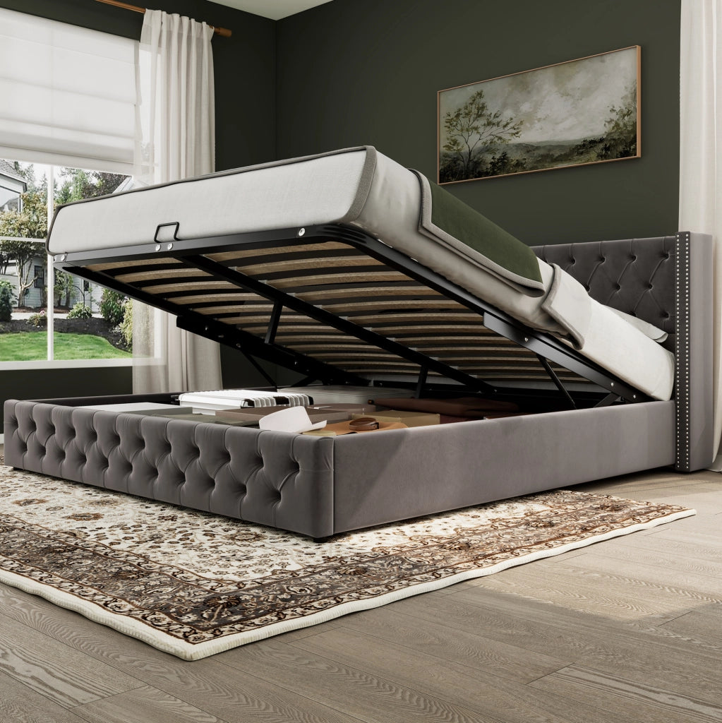 Letto matrimoniale 180x200 cm in velluto grigio stile Chesterfield con contenitore idraulico