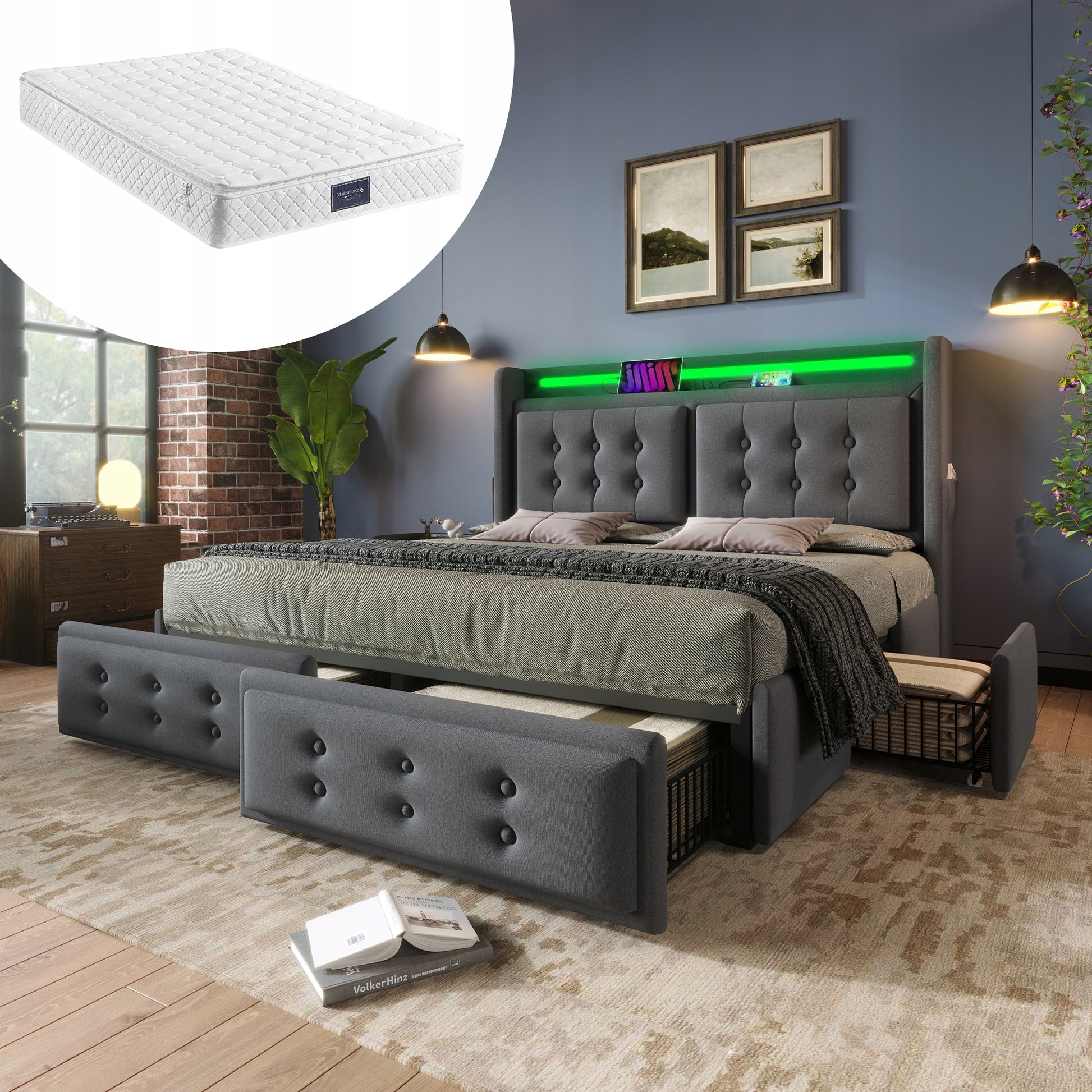 Letto Matrimoniale 140x200 - Xylo - USB-C LED Grigio Con Materasso
