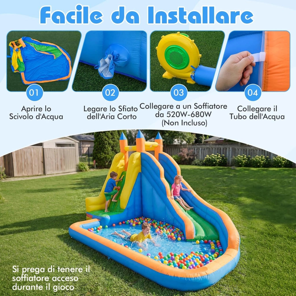 Castello Gonfiabile per Bambini, 3 in 1 Giochi Gonfiabili con Scivolo, Piscina e Parete di Arrampicata, Parco Acquatico da Esterno per Giardino e Prato, per Bmbini 3-12 Anni