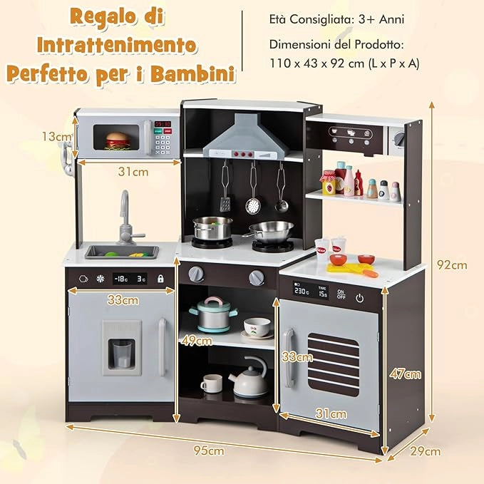 Cucina Giocattolo per Bambini, Cucina Legno per Bambini Con Forno, Microonde, Macchina del Ghiaccio, Macchina per Caffè, Lavello e Rubinetto, Con Suoni e Luci, per Bambini 3+ Anni (Marrone)