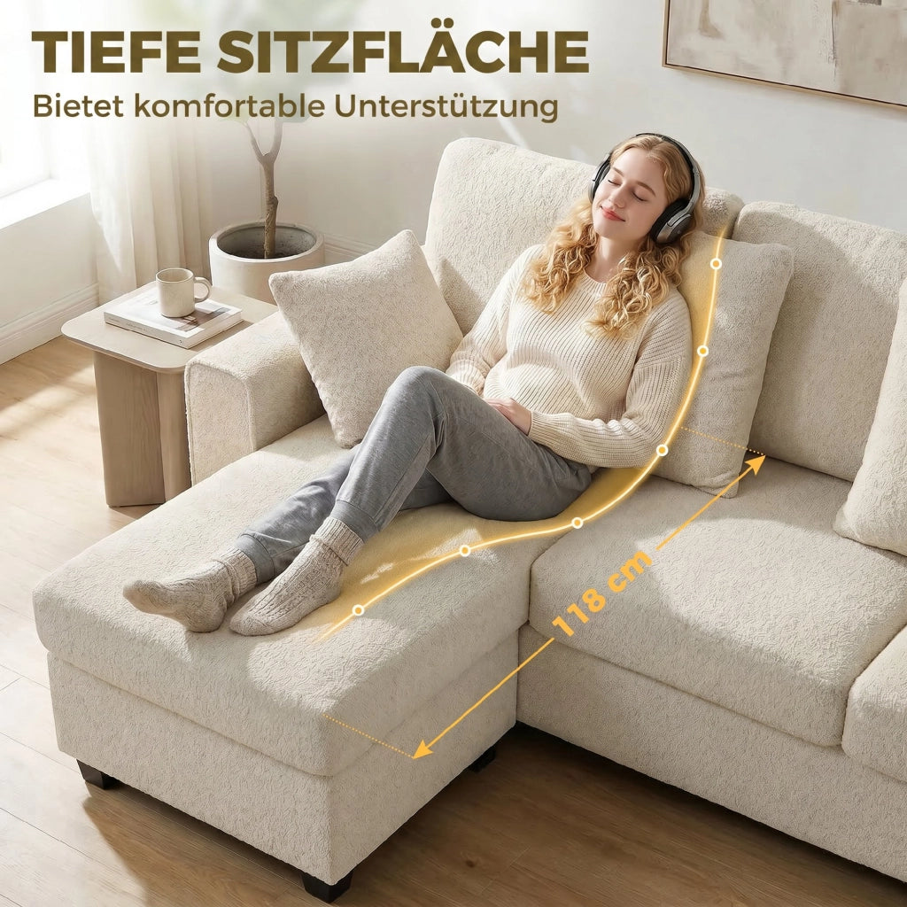 Divano angolare con chaise longue reversibile, imbottito, 3 posti, tessuto velluto, beige ¨C zephmum ¨C 90x