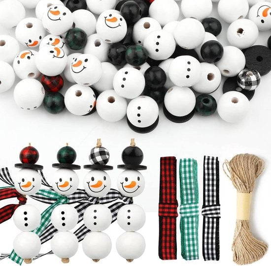 Decorazioni di Natale in legno con perle 180st - Gerute Houten Perle - Perle in legno con decorazioni - Set di filo per DIY - Sciarpa di Natale con perle in legno - Slinga per artigianato - Decorazione di festa con perle in legno con faccine