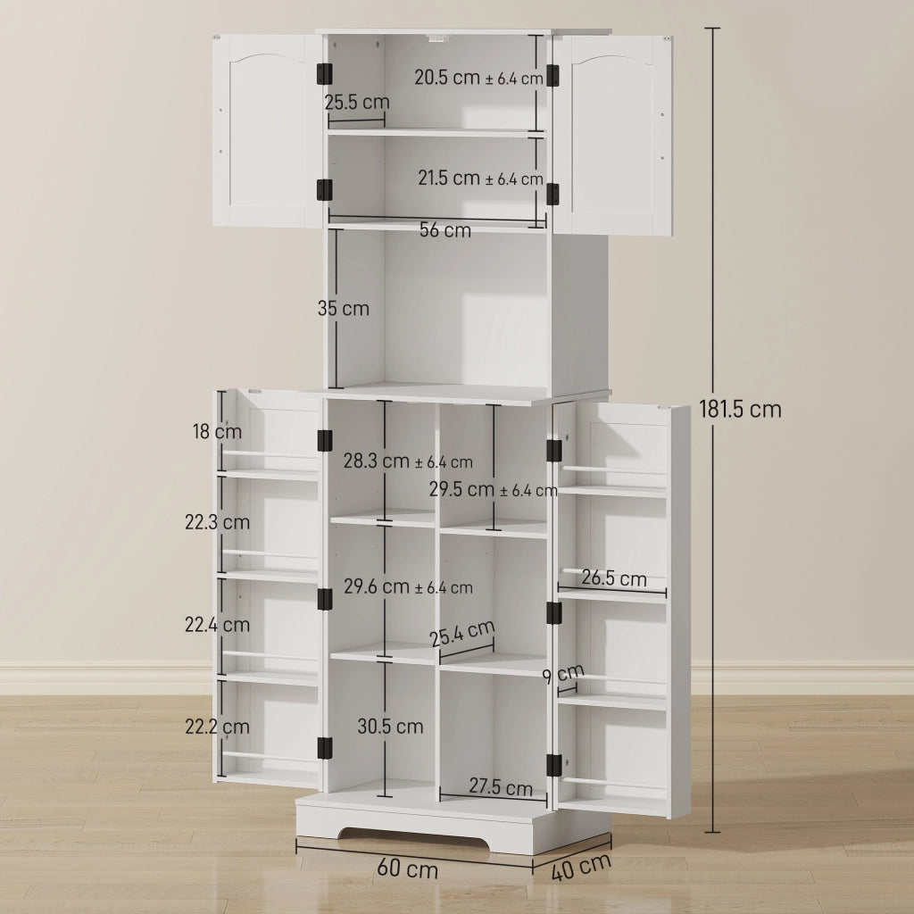 Credenza da Cucina Alta Stile Country 60x40x181,5 cm 2 Armadietti e 8 Portaspezie in MDF Bianco